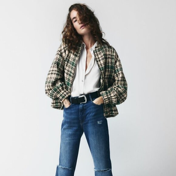 New Zara Plaid Textured Tweed Oversized Bomber Green Chanel Style Jacket NWT XS - Picture 6 of 17